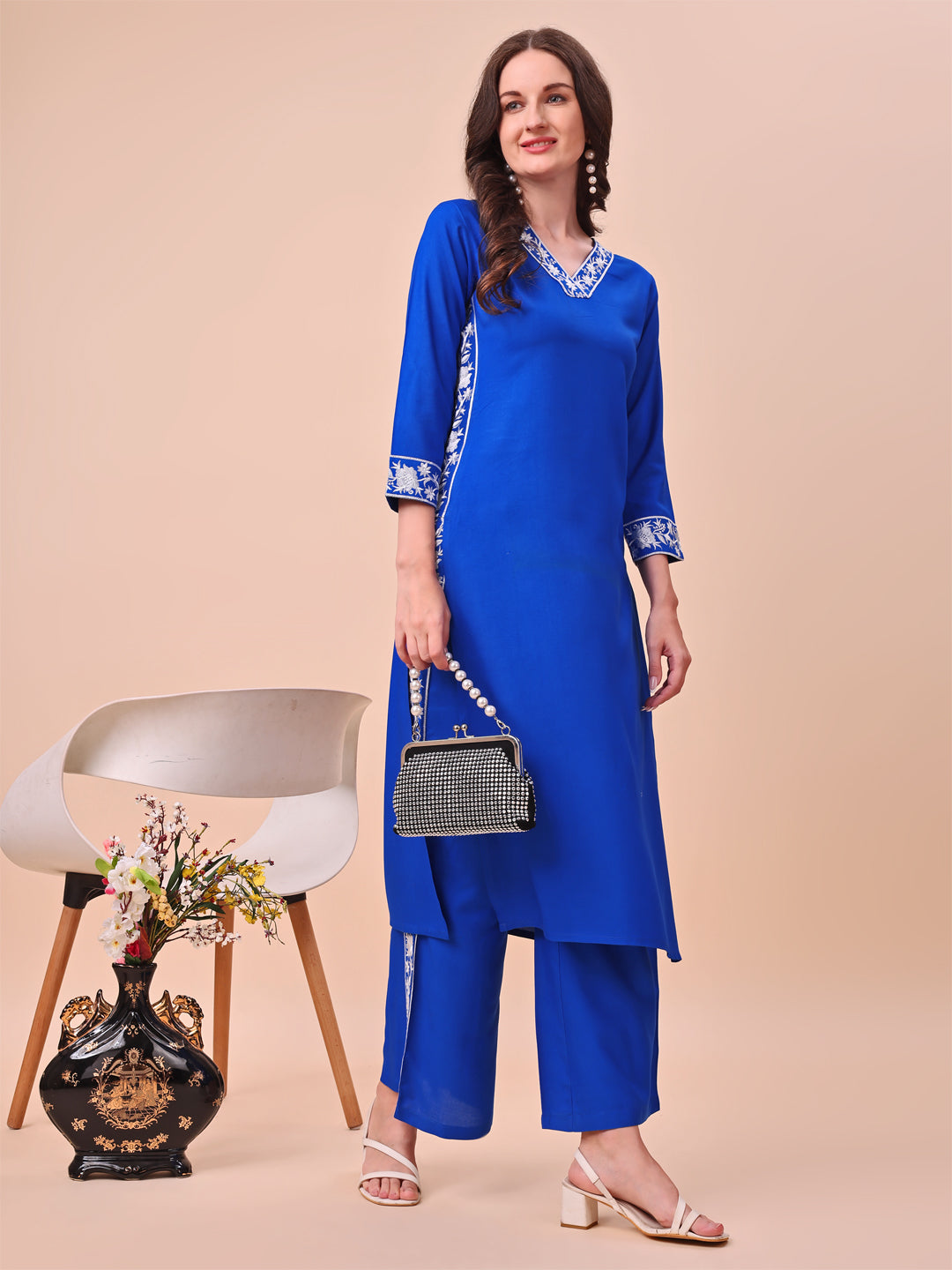 Royal Blue Rayon With White Thread Embroidered Neckline & Panelled Kurta Set